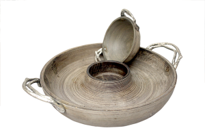 Textured Wooden Chip and Dip Bowl with Metal Handle